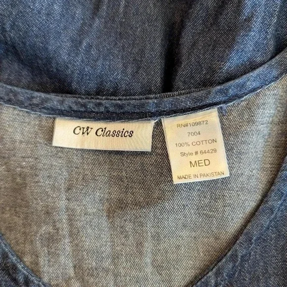 Vintage 90s CW Classics Dark Wash Denim Button Front Gathered Midi Dress Medium - Picture 7 of 7